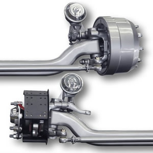 Two steering systems side by side on a white background: traditional steering wheel and joystick control.